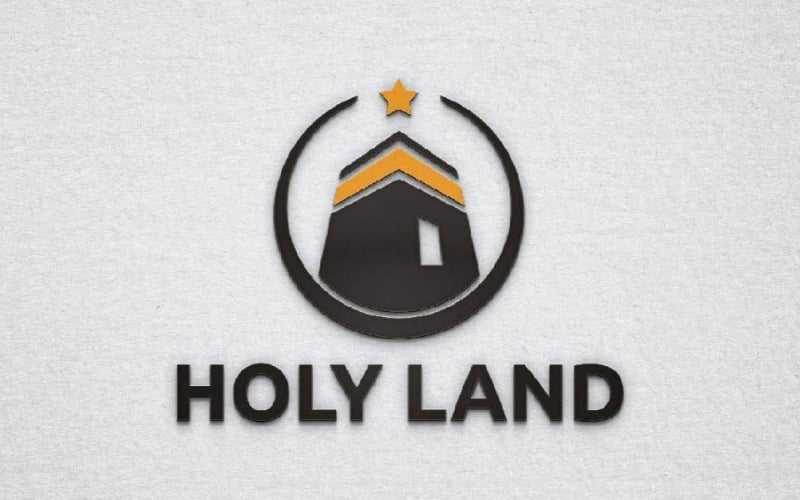 Modello di logo islamico Hajj della Mecca in arabo circolare Kaaba Terra Santa