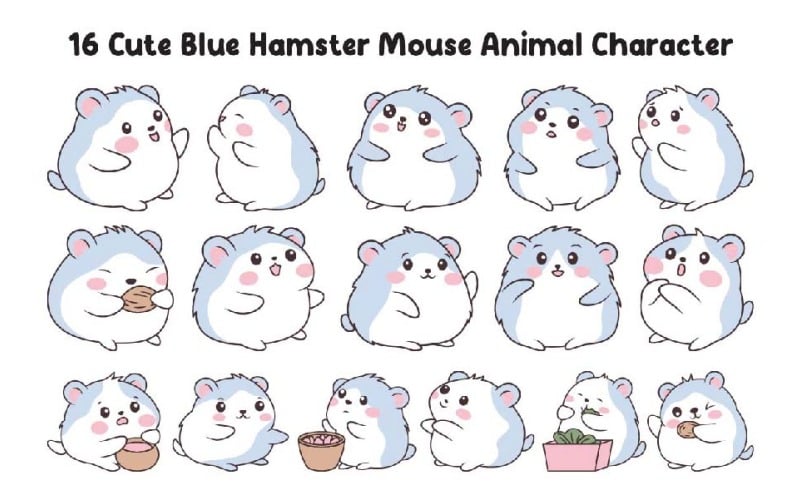 16 personnages mignons de hamsters et de souris bleus