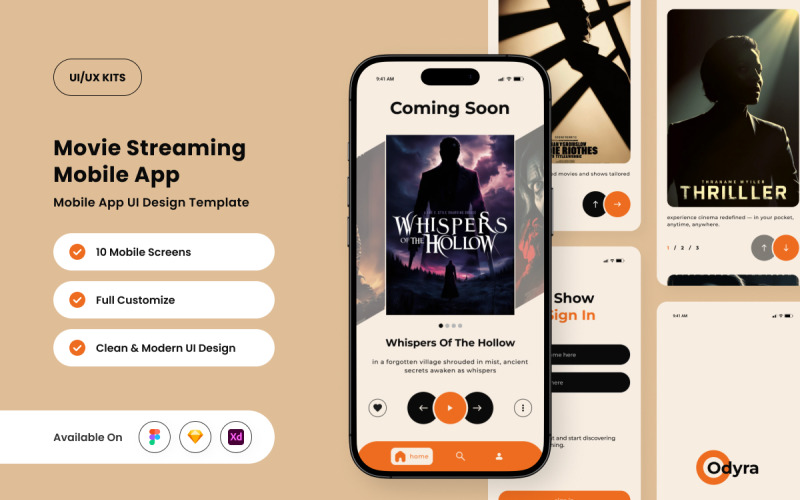 Odyra – Plantilla de diseño de app móvil para streaming de películas