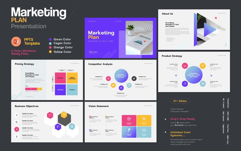 Professionell marknadsföringsplan PowerPoint – Ren design med accent och färgglad layout