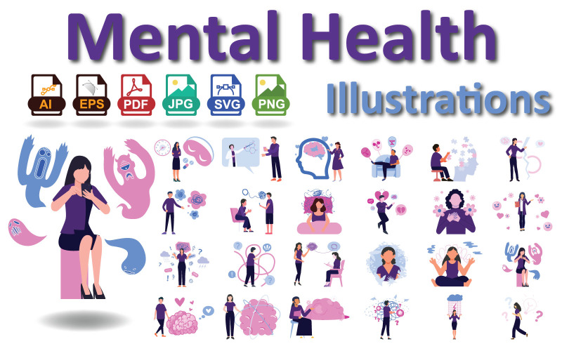 Digitale Illustrationen zum Thema psychische Gesundheit | Kreative Ressourcen für psychisches Wohlbefinden