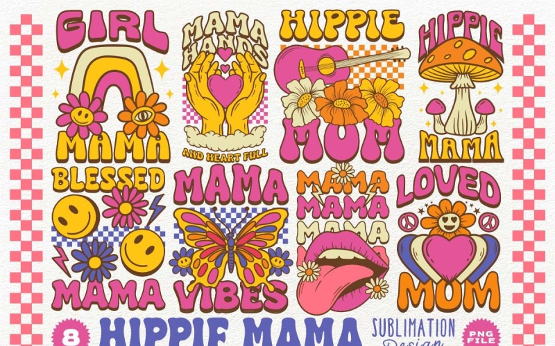 Hippie Mama Sublimasyon Tasarımları Paketi PNG