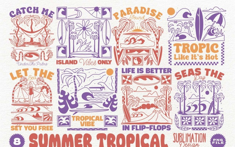 Pacchetto di disegni a sublimazione tropicali estivi PNG