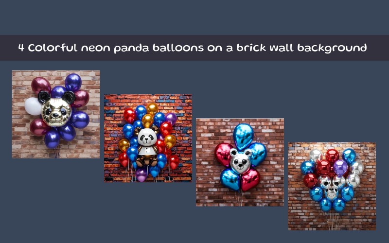 Färgglada neonpandaballonger på en tegelväggbakgrund