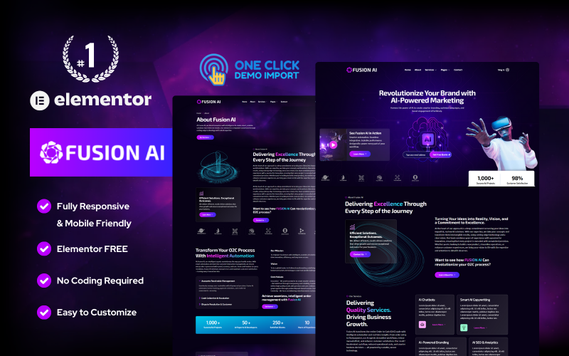 Fusion AI - Kit de modelo WordPress Elementor para agência de marketing de IA e tecnologia