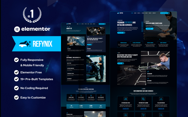 Refynix – Zestaw szablonów Elementor dla usługi mycia i czyszczenia samochodów