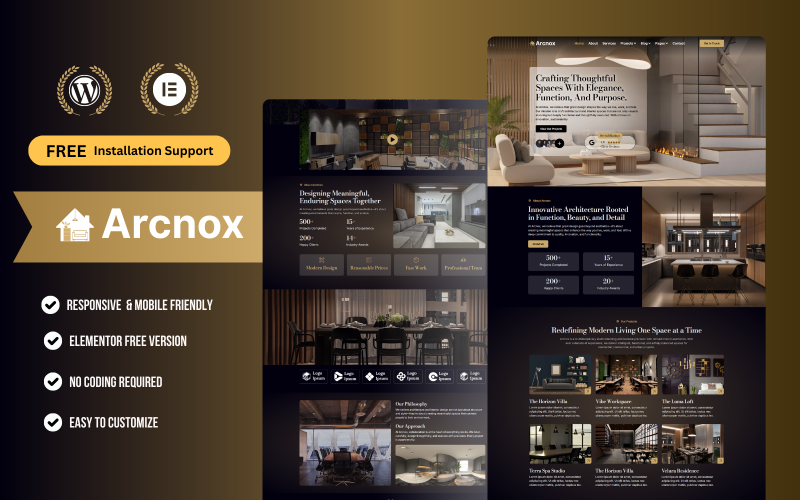 Arcnox - WordPress Elementor-mallkit för inredning och arkitektur