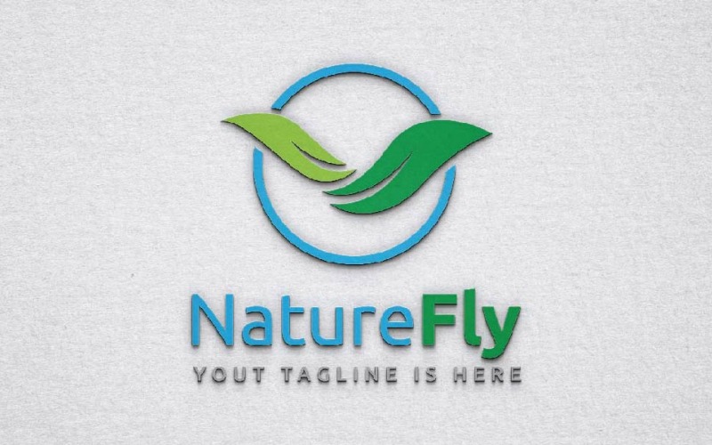Modello di logo aziendale con ali volanti e foglie verdi della natura circolare