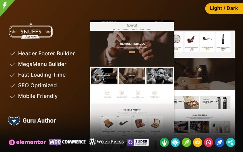 Snuffs - Tabac et cigares - Thème WooCommerce réactif Elementor
