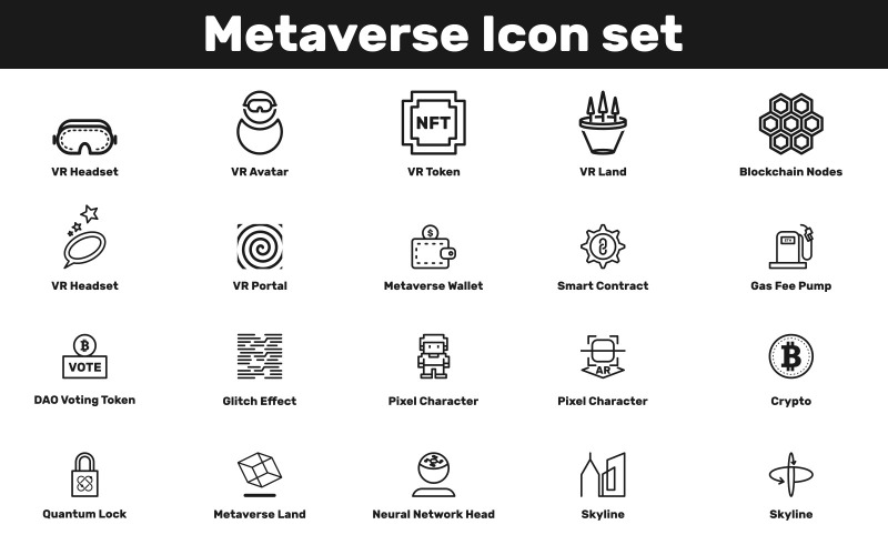 20 Metaverse 图标捆绑图标集，轮廓离子集