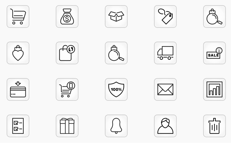 Web-, app-shopping- en e-commerce-iconenset voor retail- en online bedrijfsprojecten, vectoriconenset
