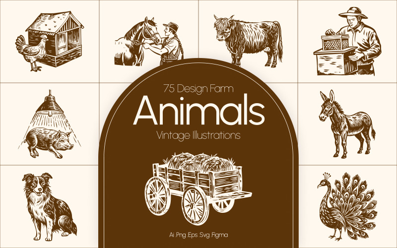 Vintage Bauernhoftiere Illustrationsset
