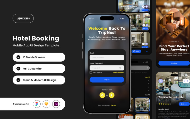 Tripnest – Шаблон дизайна приложения для бронирования отелей