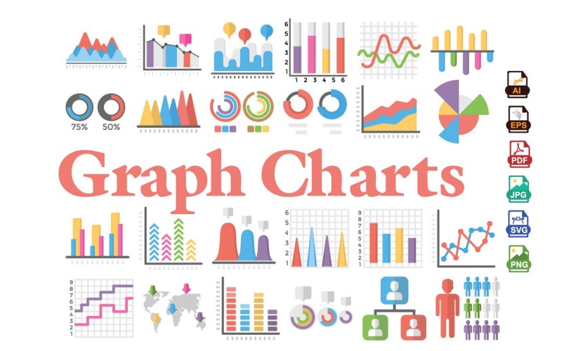 Grafiek- en diagramvectoriconen | Set platte pictogrammen voor datavisualisatie | Infographic