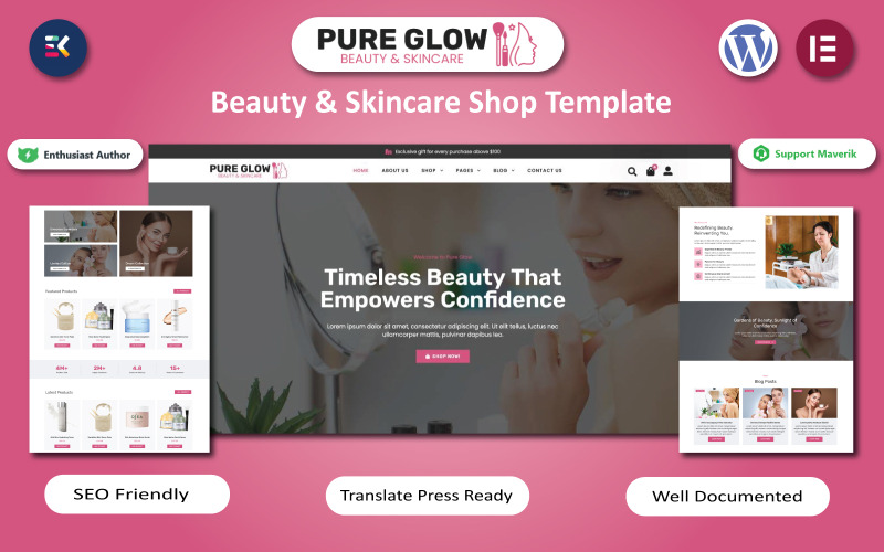 Pure Glow — шаблон магазина косметики и средств по уходу за кожей для WooCommerce и Elementor