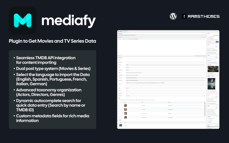 MEDIAFY - Obtenga datos de películas y series con el complemento TMDB API de WordPress