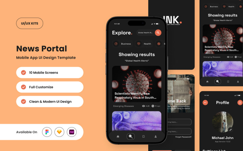 Ink - Шаблон дизайна мобильного приложения для новостного портала
