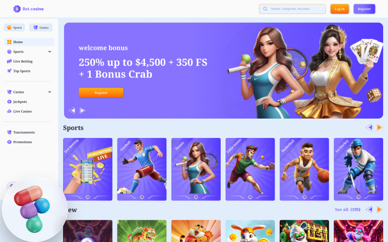 Modello di destinazione Figma per la home page di scommesse sportive e casinò