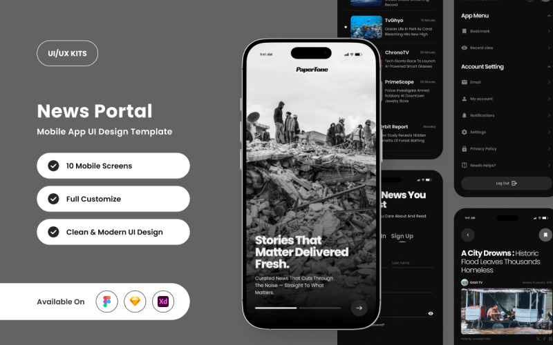PaperTone - Шаблон дизайна мобильного приложения для новостного портала