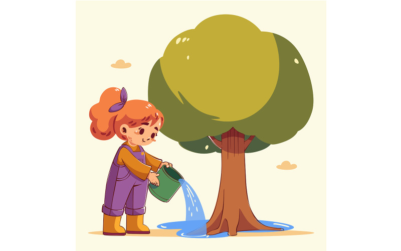 Illustrazione di un bambino che annaffia un albero