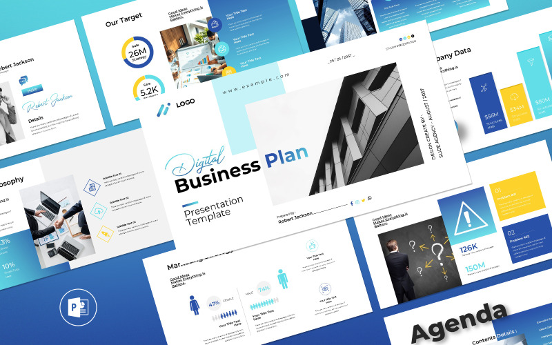 Blauw-gele digitale bedrijfsplanpresentatiesjabloon