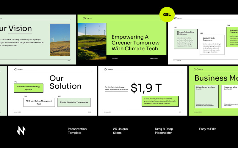 Apresentação de pitch sobre tecnologia climática no Google Slide