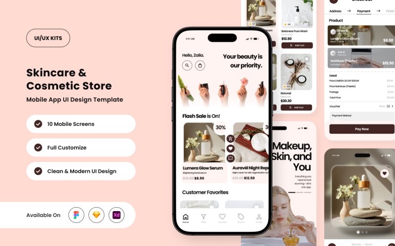 Beautiq – Modello di design per app di shopping per la cura della pelle