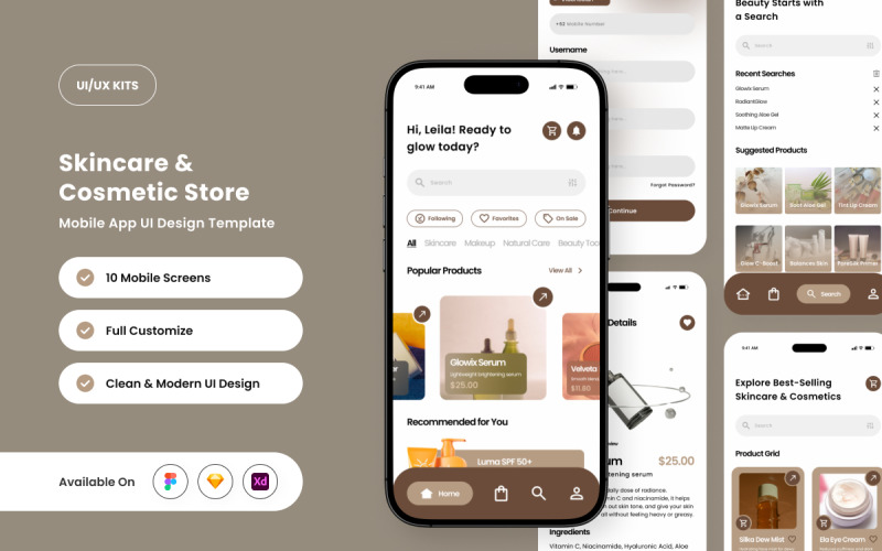 Elluna – Modèle d'interface utilisateur mobile pour une boutique de soins de la peau