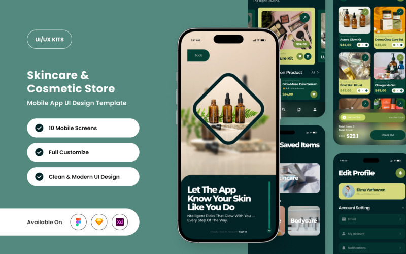 MatchaGlow – шаблон дизайну інтерфейсу застосунку для магазину косметики