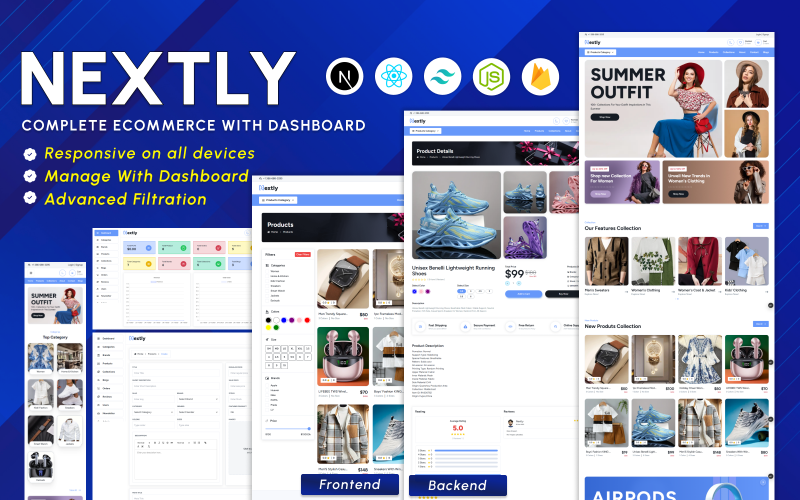 Nextly — шаблоны сайтов электронной коммерции с панелью администратора — React/Next Js — Tailwind CSS, Firebase