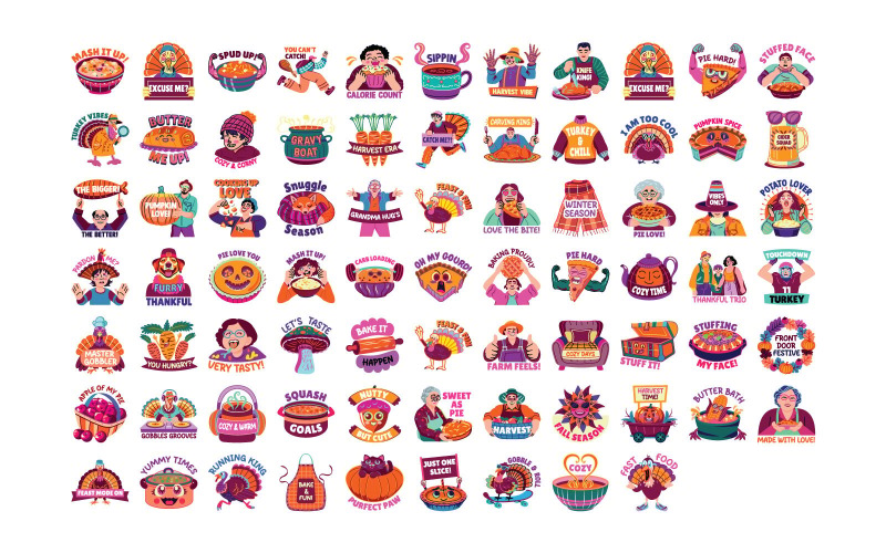 Roztomilé ilustrace k Dni díkůvzdání | Dýňový koláč, krůta, listy | Okamžité stažení
