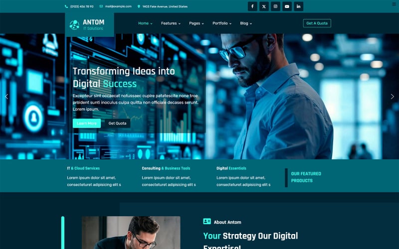 Plantilla Joomla para consultoría de soluciones de TI de Antom Digital Agency