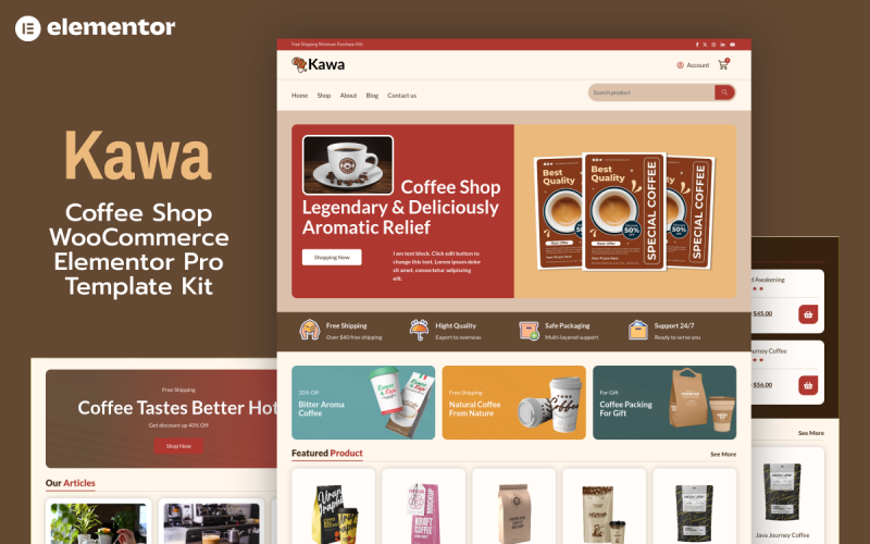 Kawa - 咖啡店和商店 WooCommerce Elementor Pro 模板套件
