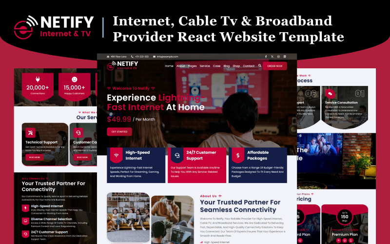 Netify - React-webbplatsmall för internet-, kabel-tv- och bredbandsleverantör