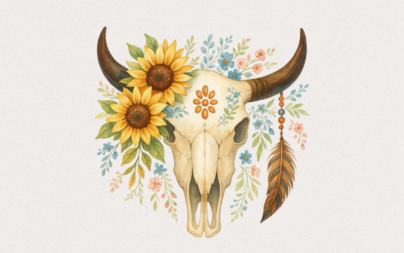 Boho Bull Skull PNG Sublimation Design, Instant Download, Sunflower Bull Skull, Feather Bull Skull,