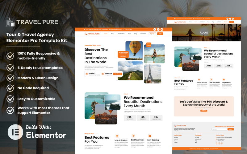 Travel Pure – Rese- och turbyrå Elementor Pro-mallkit