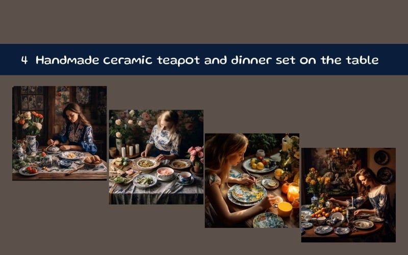 Teiera in ceramica fatta a mano e set da tavola sul tavolo
