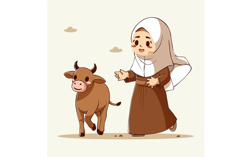 Eid Adha karakterrel, ikonnal, muszlim lány tehénnel
