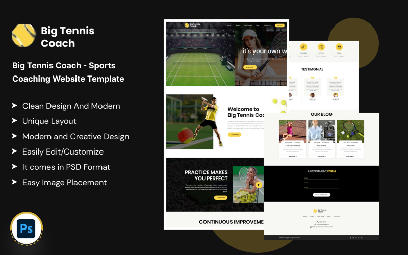 Big Tennis Coach - Modelo de site de treinamento esportivo