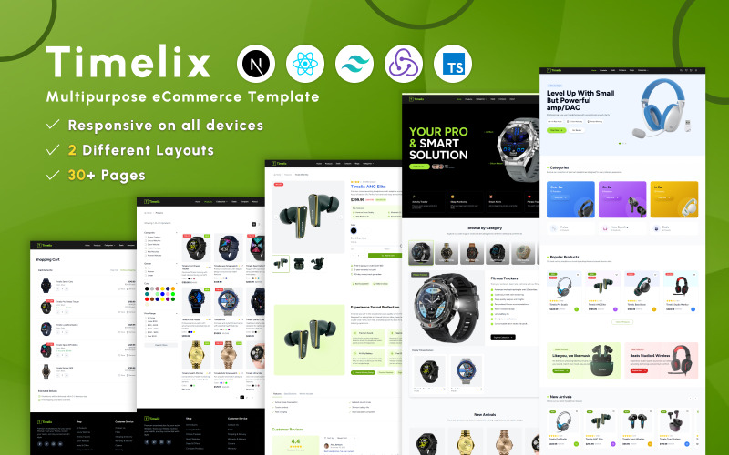 Timelix - Modern e-handelswebbplatsmall med Next JS och Tailwind CSS, responsiv design