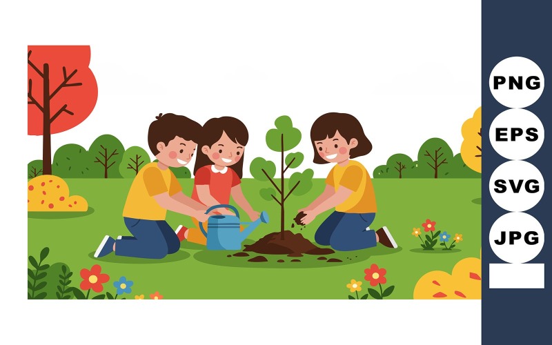 Children Planting Tree Outdoors in Autumn Park Environment Vector Illustration