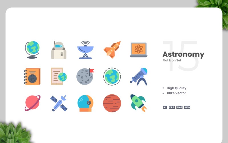 15 astronomi platt ikoner set