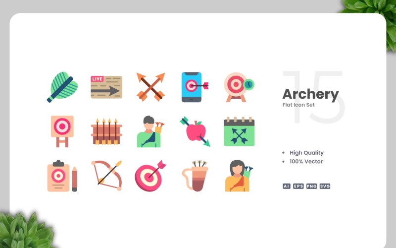 15 bågskytte platt ikoner set