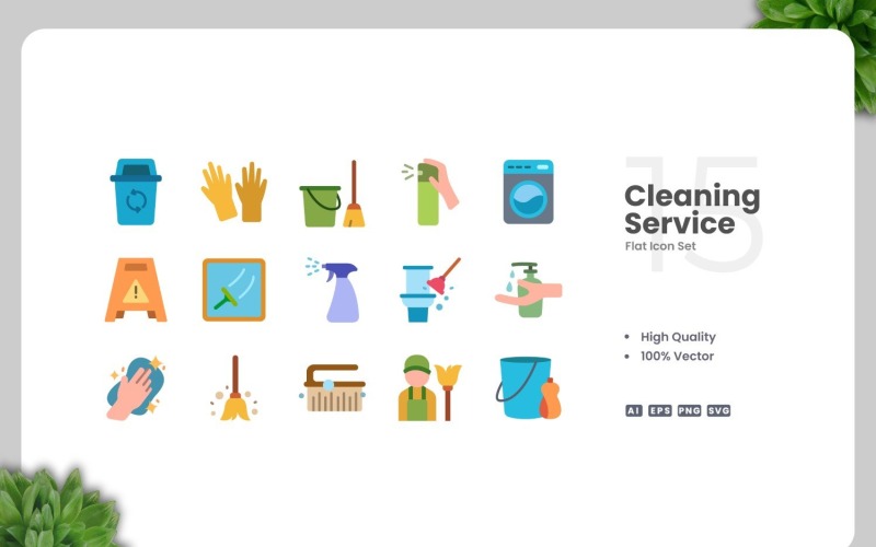 15 Temizlik Hizmeti Düz Simge Seti