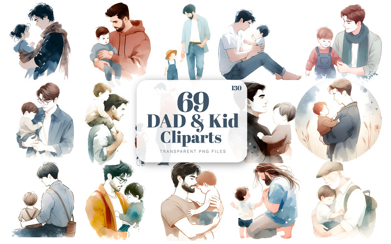 Clipart del Día del Padre en acuarela, Paquete de clipart del mejor papá, Padre e hijo PNG, Clipart del abuelo