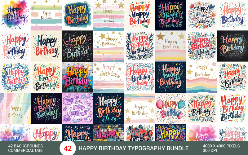 Happy Birthday Typografie Clipart Bundle 42 bunte Schriftzüge Designs Geburtstag Schriftzug Pack