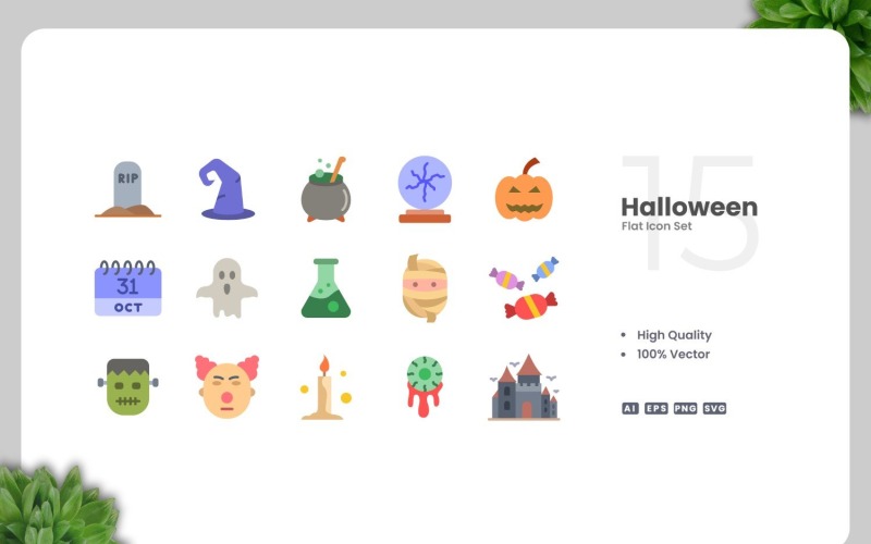 15 Halloween platt ikoner set