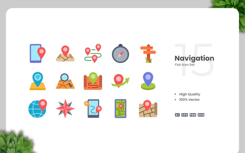 15 navigačních plochých ikon sada