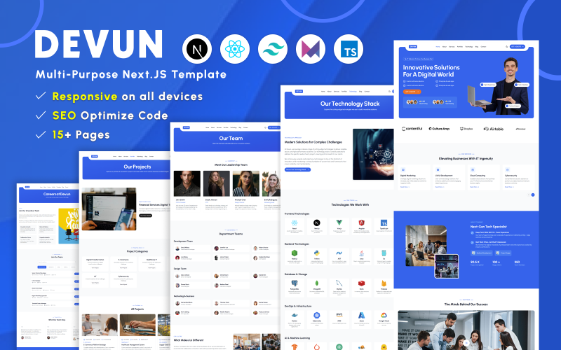 Devun – IT-решения и бизнес-услуги Многоцелевой адаптивный шаблон веб-сайта Next.js