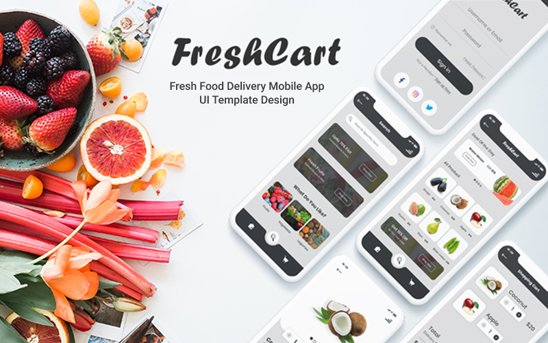 FreshCart - Friss étel házhozszállítás mobilalkalmazás felhasználói felület sablon design